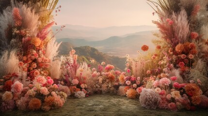 Obraz na płótnie Canvas Natural podium product display backdrop with dreamy flower field background generative ai