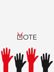 Obraz premium Time to vote. Voting concept vector. Putting ballot in the ballot box. General and presidential election. Election banner. Political agitation. Raised hands want to vote. Generative AI