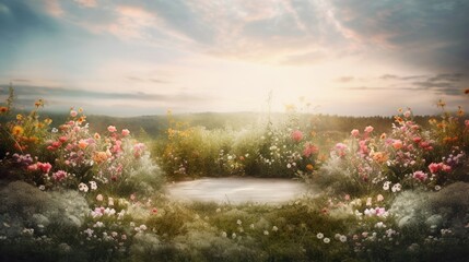 Natural podium product display backdrop with dreamy flower field background generative ai