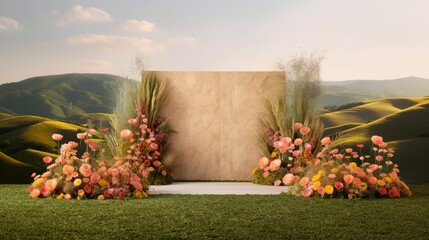 Natural podium product display backdrop with dreamy flower field background generative ai