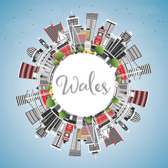Wales City Skyline with Gray Buildings, Blue Sky and Copy Space. Concept with Historic Architecture. Wales Cityscape with Landmarks.