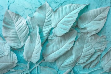 Mint Blue cement texture wall leaf plant shadow background.Summer tropical travel beach with...