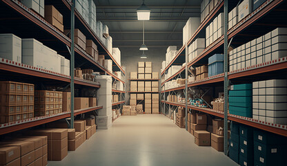 large clean warehouse with shelfs carboard boxes and products. Generative AI