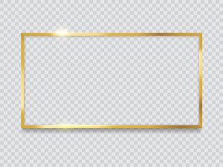 Golden frame border of gold square metal on transparent background, isolated vector. Luxury golden frame for banner of shiny metal line and golden light shine for premium boarder frame - obrazy, fototapety, plakaty