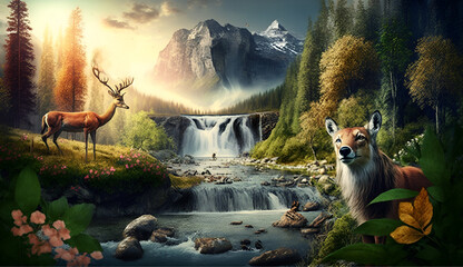Obraz premium Beautiful Nature Lovely Countryside Sunset and Waterfall on the Mountains Green moss, Forest Trees, Flowers, Birds, Deer Animal