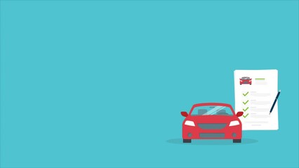 Car insurance document, report. Paper agreement checklist or loan checkmarks form list approved with automobile icon, vehicle financial, car dealership legal deal.	
