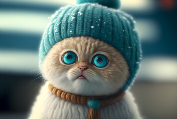 Potrait of a cute cat in cold winter wearing warm knitted hat - Generative AI - 598799135
