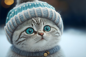 Potrait of a cute british short hair cat silver tabby in cold winter wearing warm knitted hat - Generative AI - 598799171