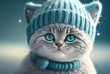Potrait of a cute british short hair cat silver tabby in cold winter wearing warm knitted hat - Generative AI - 598799192