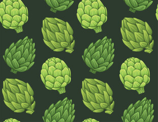Seamless pattern with drawing artichokes. Vector texture with useful healthy vegetables on a dark background.