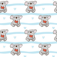 Seamless Pattern of Cute Koala Bear with Heart Design on White Background with Blue Wavy Lines