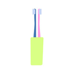 Toothbrushes in yellow glass isolated on white background. Doodle dental cleaning tools. Hand drawn vector illustration