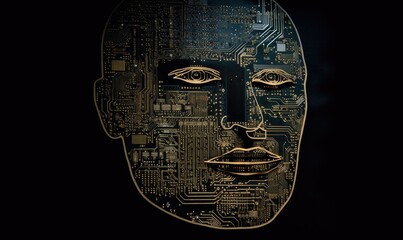 Merging of man and machine, Circuit board portrait of a face Creating using generative AI tools