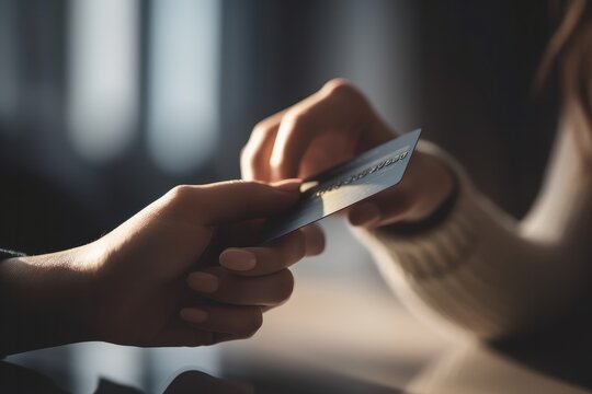 Close up of a  Woman hand passing credit card - Generative AI