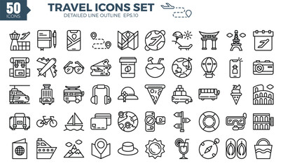Fototapeta na wymiar Travel icon set (detailed outline). The collection includes web design, application design, UI design,