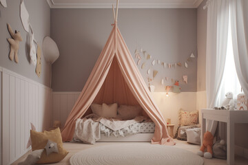 bedroom Cozy Scandinavian Kids Room with Tent Canopy Bed