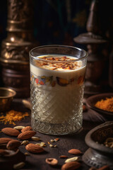 Summer famous sweet drink Lassi in Traditional glass, Lassi made with yogurt, sugar, saffron and topping with dry fruits