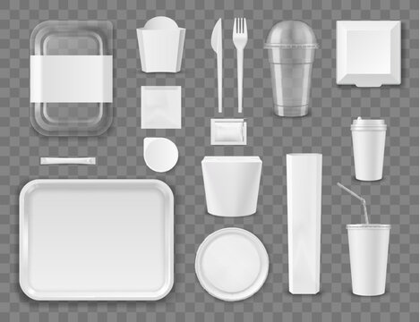 Fast food and drink package vector template mockups, box container, bag and cup. Fast food takeaway cardboard, package realistic mockups of disposable and paper containers for fast food and drinks