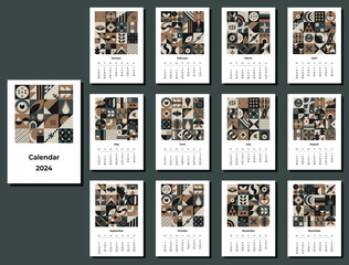 Calendar 2024 geometric patterns. Monthly calendar template for 2024 year with geometric shapes. - obrazy, fototapety, plakaty
