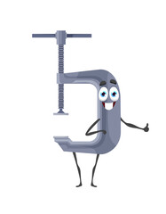 Cartoon clamp tool character, work instrument and carpentry equipment, vector funny personage. DIY workshop item of clamp or cramp tool with smile and thumb up for repair and construction