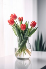 Fototapeta na wymiar International woman's day concept. Spring home decorations with bouquet of red tulips in modern vase on white background - Generative AI