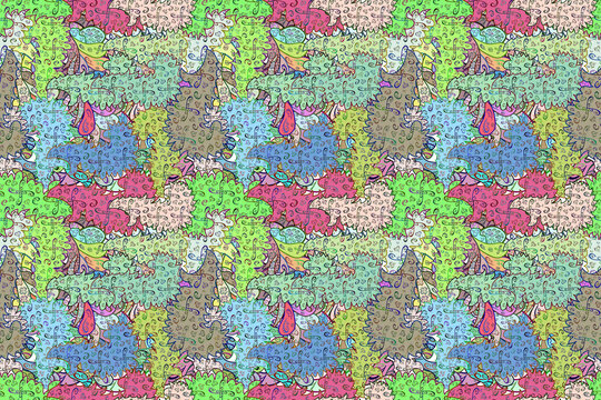 Seamless pattern with interesting doodles on colorfil background. Pano. Raster illustration.