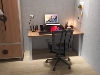 3d image of a simple and minimalist workspace interior