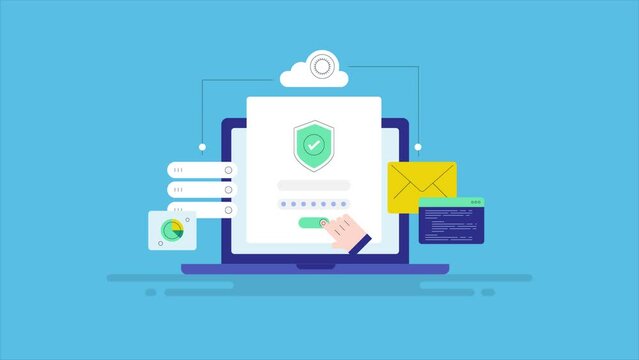 Person using cloud security on laptop, encrypted data with secure access control, cybersecurity protecting information from external threats, video animation.
