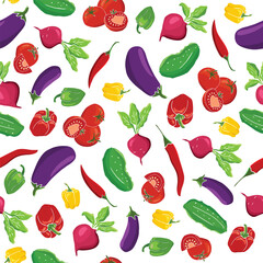 Seamless vegetable pattern, cartoon vegetables on white background.