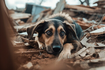 Sad dog laying in debris from a catastrophic storm, Generative AI