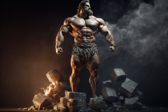 Powerful Hephaestus, the Greek god of fire, stands tall on a dark background. Generative AI