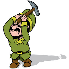 Green Dwarf with a Pickaxe in his Hands Works as a Miner