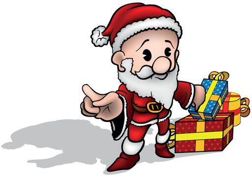 Funny Little Santa Claus in Red Costume with Christmas Gifts