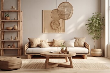 Modern living room design decorated in minimalist beige tones