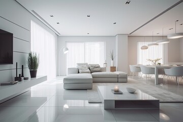 Modern living room design decorated in minimalist white tones
