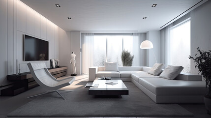 Modern living room design decorated in minimalist white tones