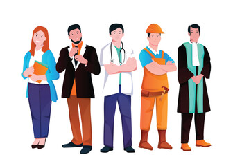 template Thank You Essential Worker Concept. Vector illustration set and working characters of businessman, lawyer, doctor, construction worker and chef on white background.