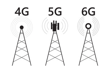 Set of communication towers with signal. High speed internet connection. Wireless signal, for mobile devices. Gsm networks, television, radio signals. Antenna for communication and radio