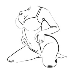 Curvy Nude Woman Body Line Art Drawing. Female Figure Minimalist Illustration. Modern Trendy Line Art Drawing for Wall Decor, Fashion Minimal Print, Poster, Social Media. Beauty Logo. Vector EPS 10