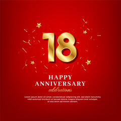 18 years of golden numbers, anniversary celebrating text, and anniversary congratulation text with golden confetti spread on a red background