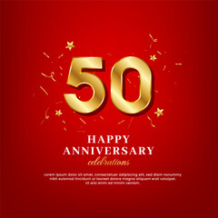 50 years of golden numbers, anniversary celebrating text, and anniversary congratulation text with golden confetti spread on a red background
