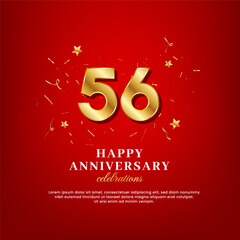 56 years of golden numbers, anniversary celebrating text, and anniversary congratulation text with golden confetti spread on a red background