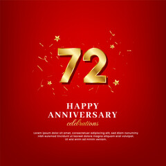 72 years of golden numbers, anniversary celebrating text, and anniversary congratulation text with golden confetti spread on a red background