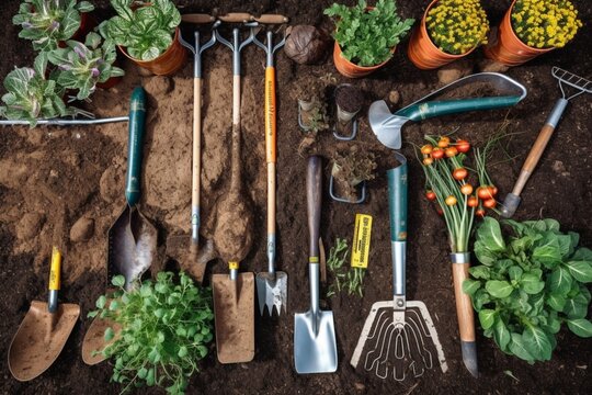 Gardening tools on fertile soil texture background seen from above, top view. Gardening or planting concept. Working in the spring garden.