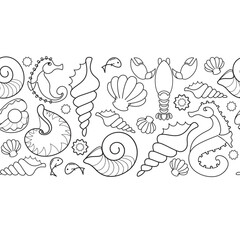 Seahorses, shells. Tropical beach seamless pattern. Outline ocean animals. Vector.