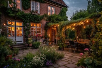 Summer evening on the patio of beautiful suburban house with lights in the garden garden