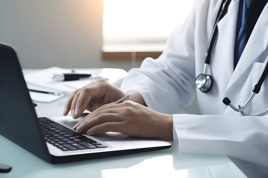 Doctor working with laptop computer in medical workspace office. Generative AI
