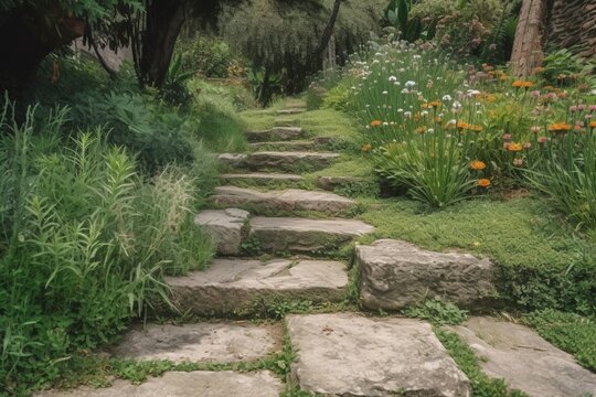 Garden stone path with grass growing up between the stones.Detail of a botanical garden.