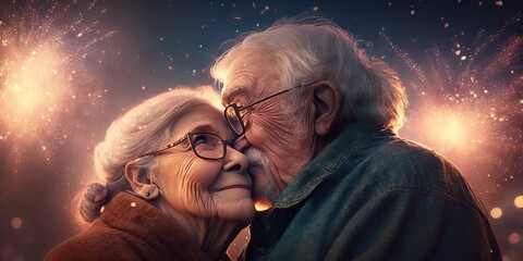 hugging happiness senior couple while fireworks coloring the sky. Glorious Generative AI. Generative AI