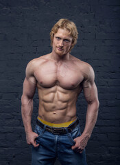 Strong man. Muscular male body. Bodybuilder. Copy space for text. Posters, advertising for gym. Muscular man on dark background brick wall. Athletic man. Fitness muscular body. new sports year